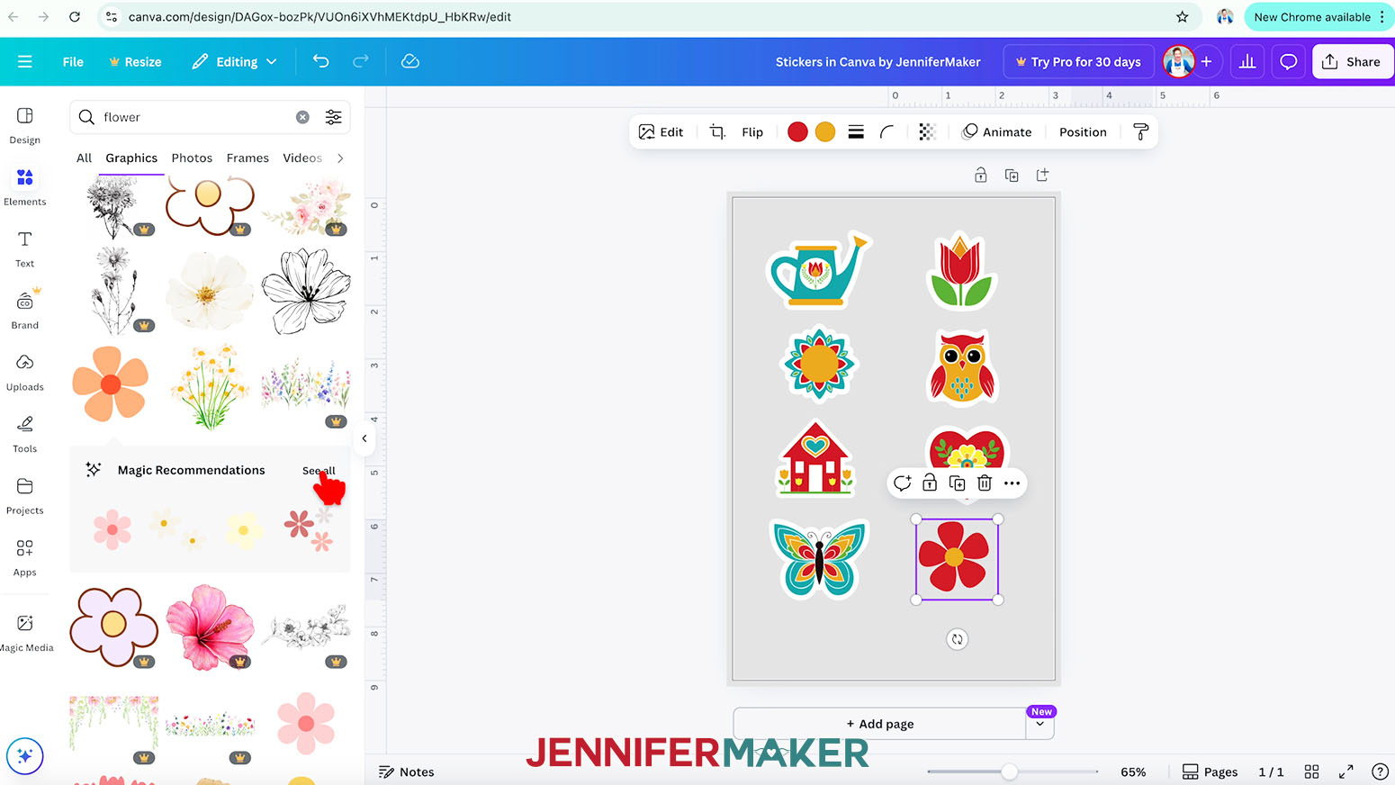 The graphics menu is open in Canva and the cursor hovers over a section of images with the title magic recommendations.