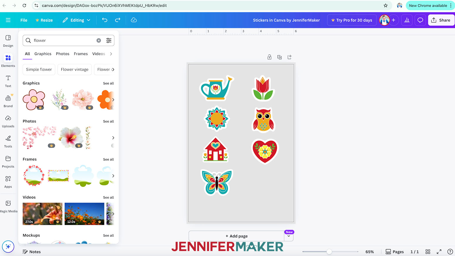 In Canva the elements button has been clicked and the user has typed in flower.