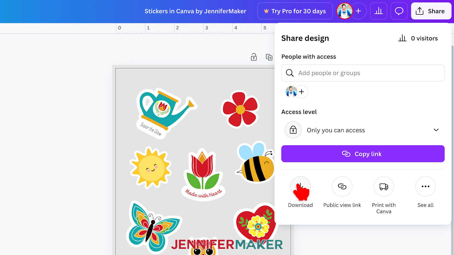The finished sticker sheet is open in Canva and the share setting menu is open. The cursor hovers over download.