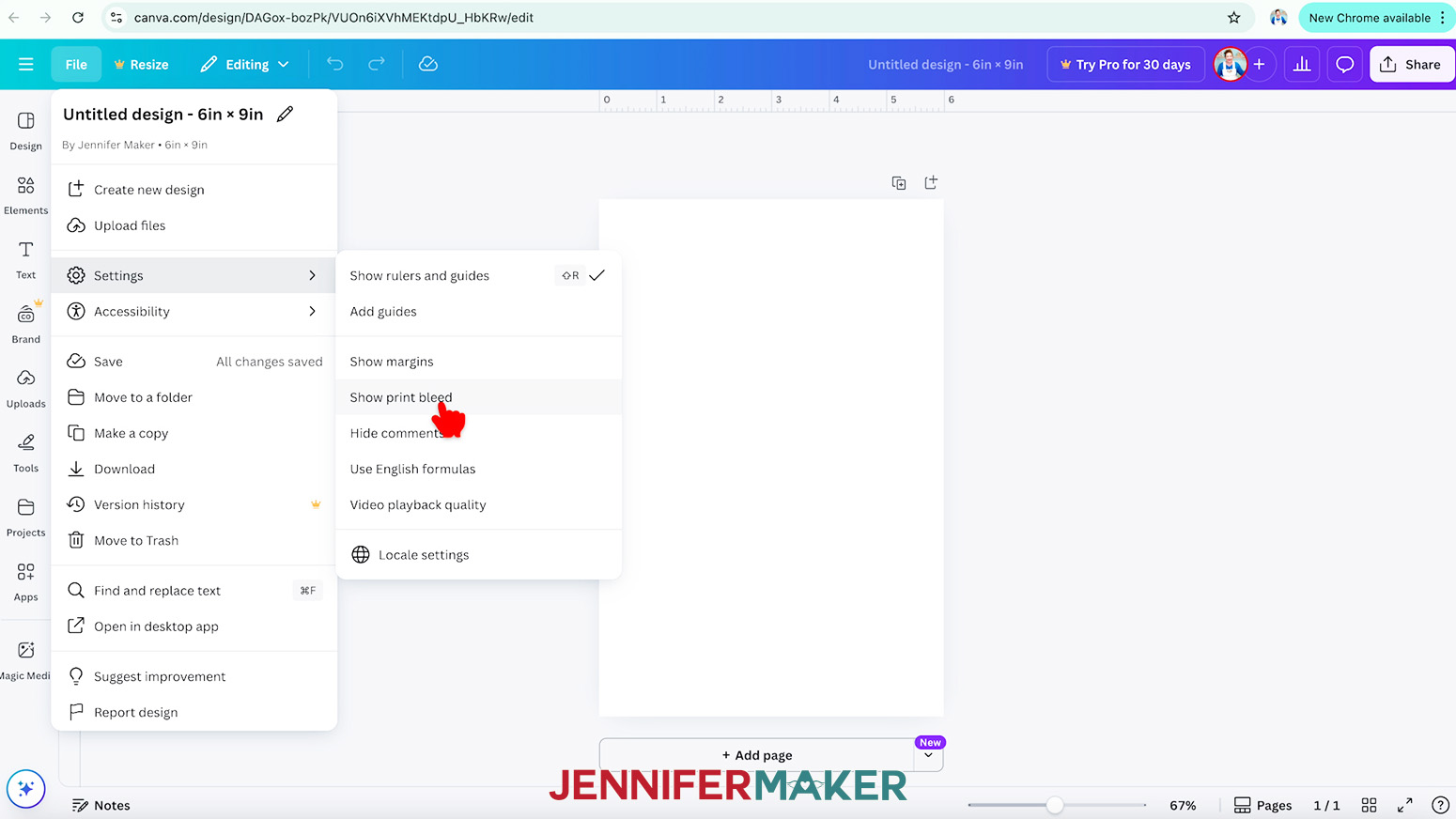 Hand Cursor hovers over show print bleed option in Canva file menu under settings.