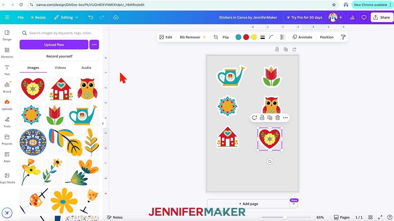 The floral heart sticker is selected and all the other uploaded stickers are placed on the light grey background.