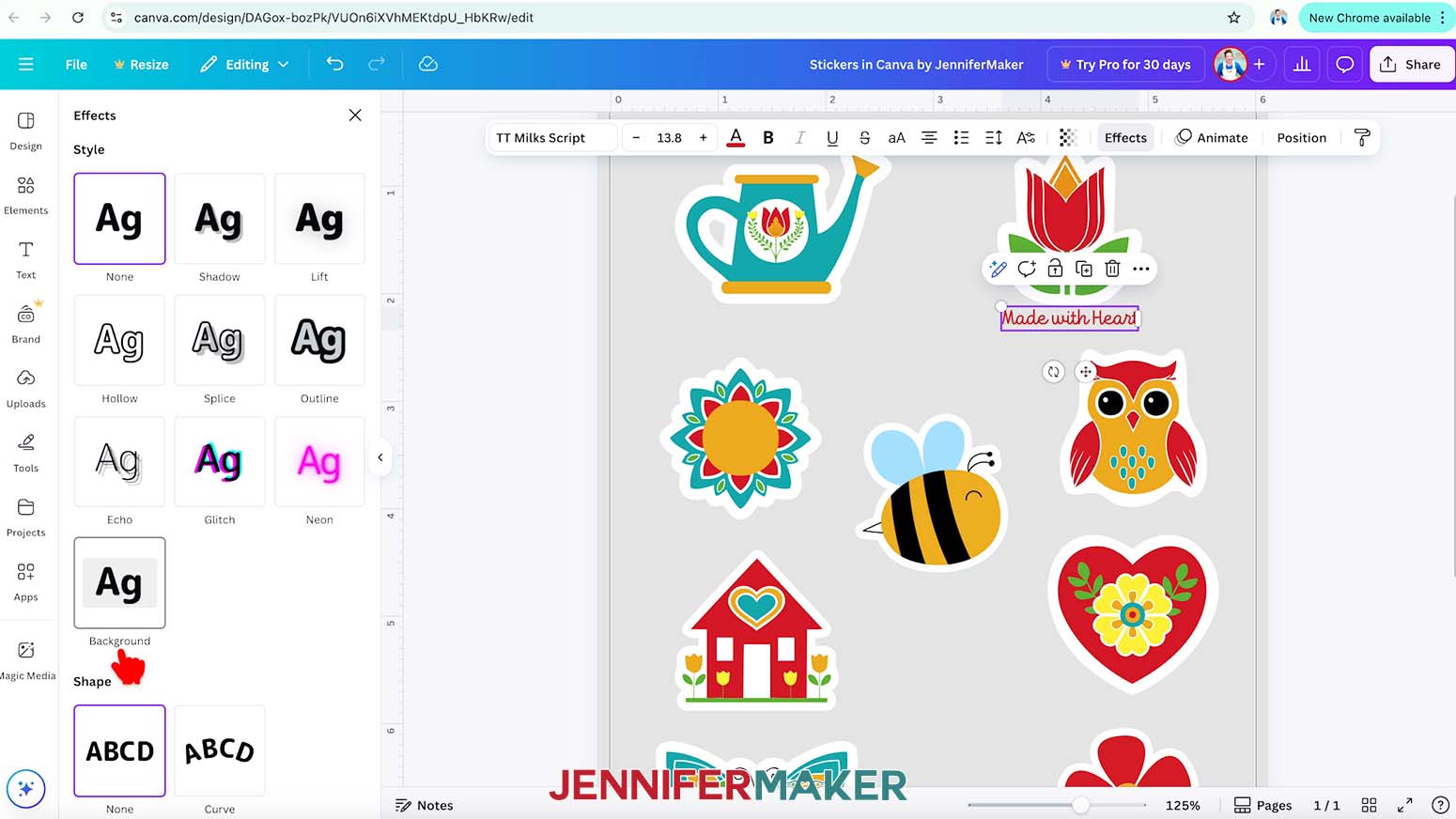 The words made with heart are selected and the hand cursor hovers over the background style in the effects drop down menu.