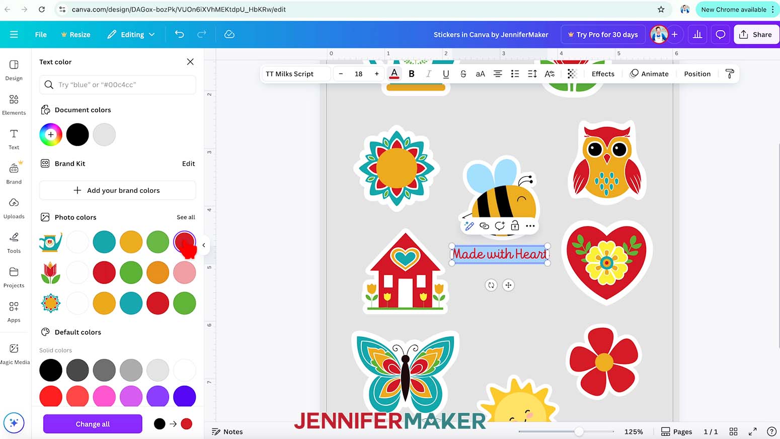 In Canva, the text color menu is open and the hand cursor hovers over a red swatch in the photo colors setting.