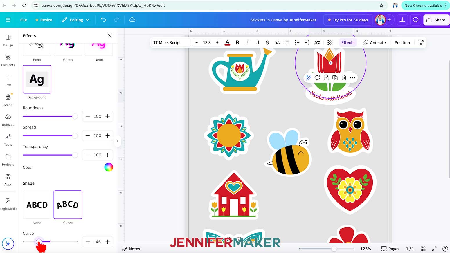 In Canva, the effect menu is open and background is selected. The shape menu has curve selected and the cursor is dragging the curve slider to the right.