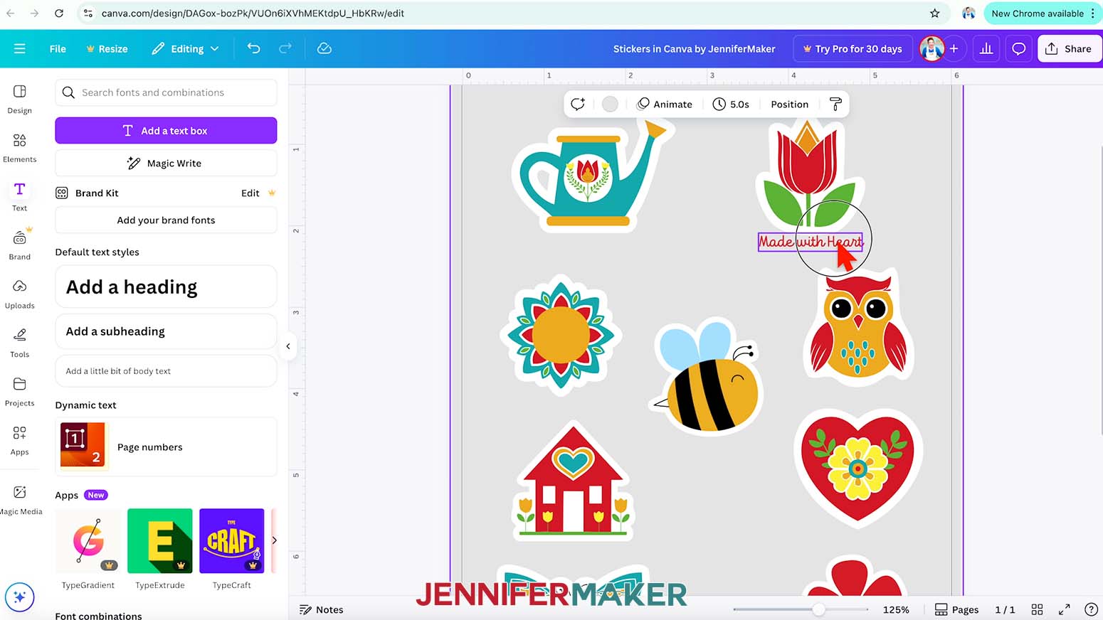 In Canva, the tulip sticker is shown and the words Made with Heart are selected.