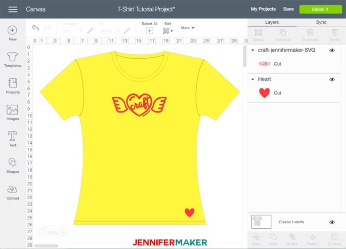 A yellow and red iron-on T-shirt design in Cricut Design Space