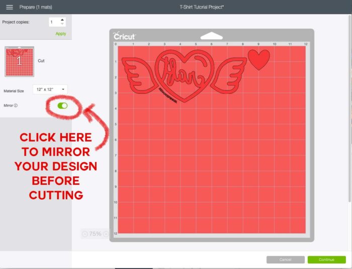 Mirroring an image for an iron-on T-shirt design in Cricut Design Space