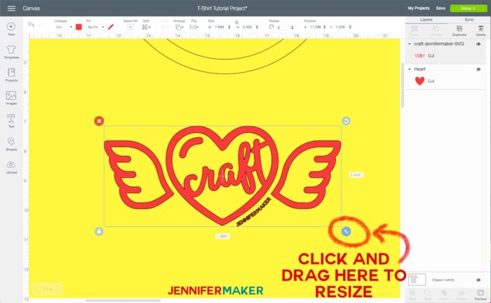 Resizing an image for a iron-on T-shirt in Cricut Design Space