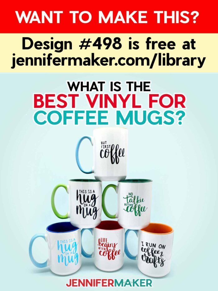 What is the best Cricut vinyl for coffee mugs? Find out with JenniferMaker's new tutorial! Stack of vinyl-decorated mugs with cute coffee-related sayings, stacked up on a light blue surface. Each mug has a different colored handle and a different brush-lettered, vinyl cut quote.