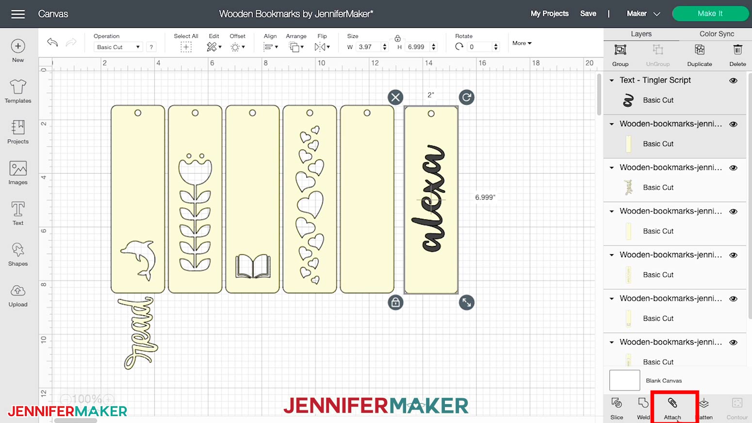 Attaching the name to the bookmark in Cricut Design Space