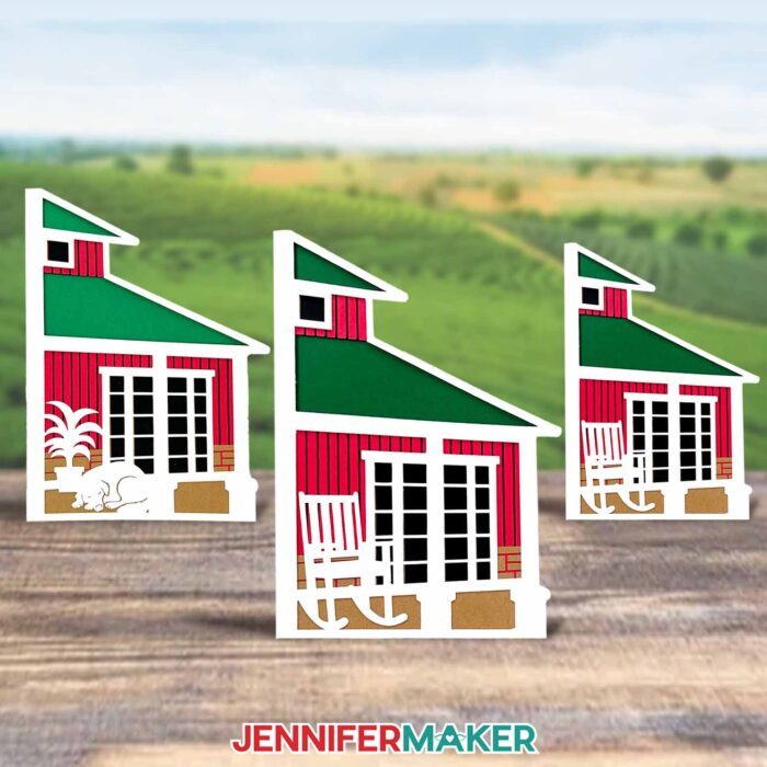 Three colorful cardstock cards of different sizes depicting a farmhouse roof and porch with customized elements by JenniferMaker.