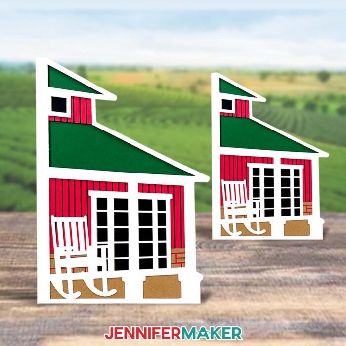 Two colorful cardstock cards of different sizes depicting a farmhouse roof and porch by JenniferMaker.