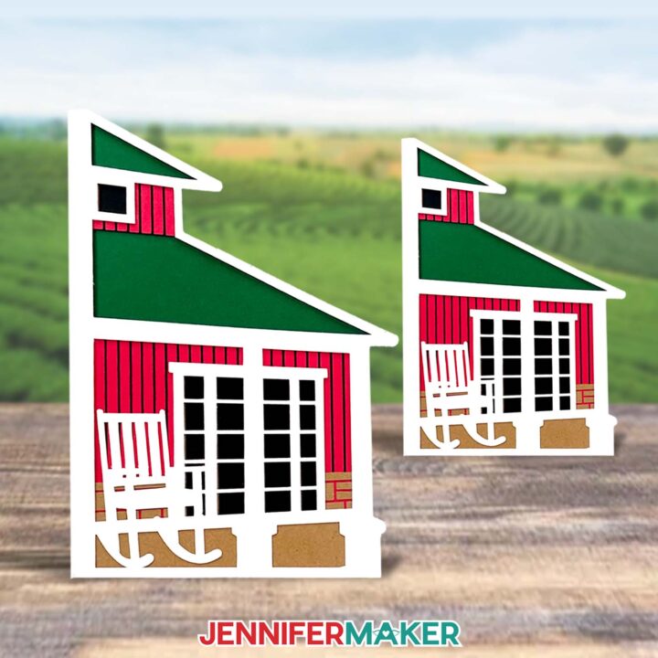 Two colorful cardstock cards of different sizes depicting a farmhouse roof and porch by JenniferMaker.