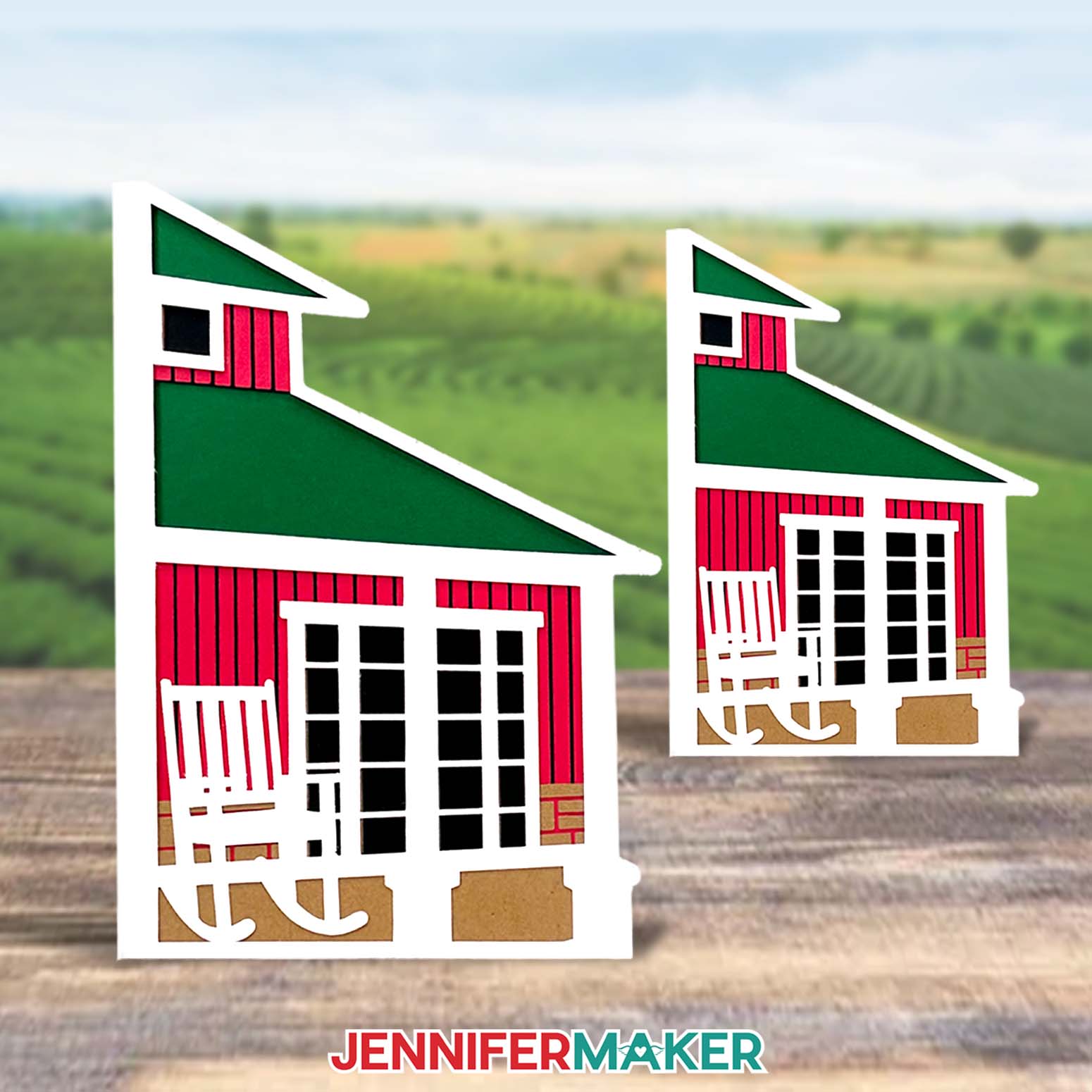 Two colorful cardstock cards of different sizes depicting a farmhouse roof and porch by JenniferMaker.