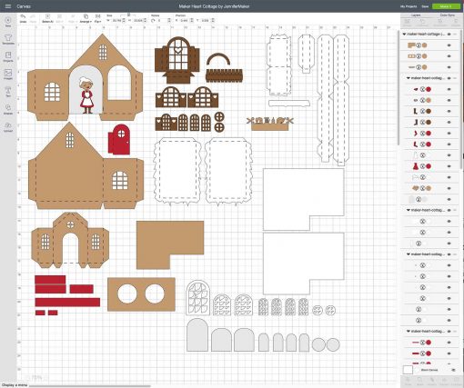 Upload the svg cut file to Cricut Design Space to cut out the Maker Heart Cottage paper village house