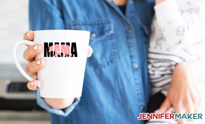 White mug with two-color mama bear decal - this SVG cut file is a great Cricut mug idea