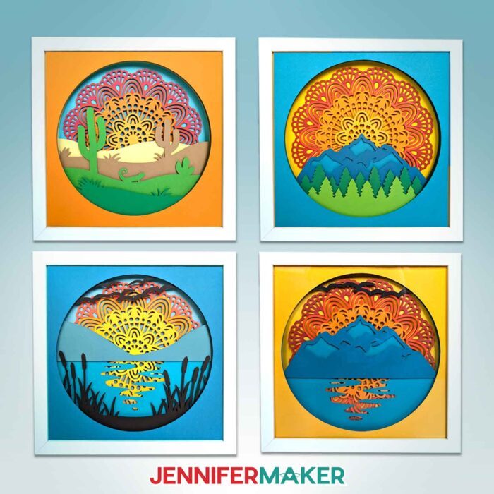 Get Jennifer Maker's best paper mandala tips! Four cardstock mandalas hang on a wall featuring a sunset over a desert, a sunset over a forest, a sunset over a lake, and a sunset over the mountains.