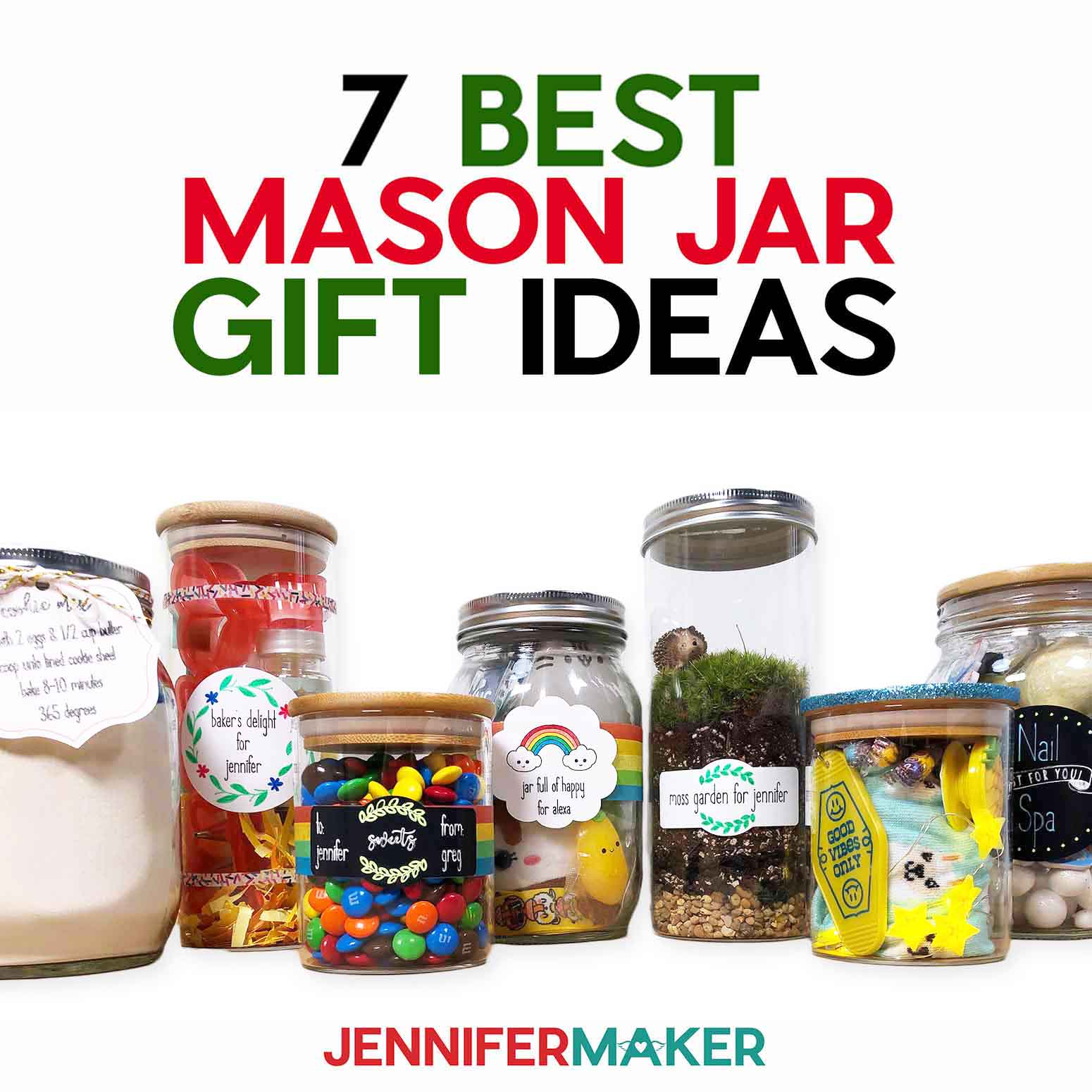 7 mason jar gift ideas featuring themed, labeled containers for bakers, candy, a moss garden, beauty night, and toys.