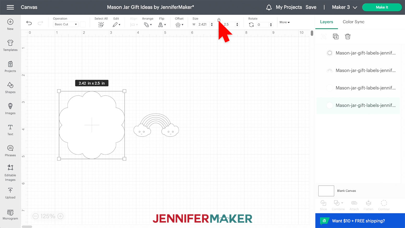 location of image size lock in cricut design space