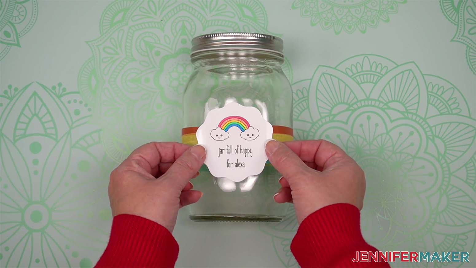 placing label on jar full of happy