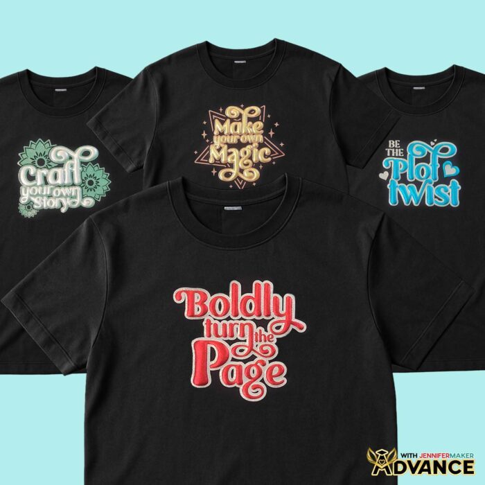 Collection of four glitter vinyl and puff vinyl decorated black T-shirts from the Puff Vinyl Tutorial