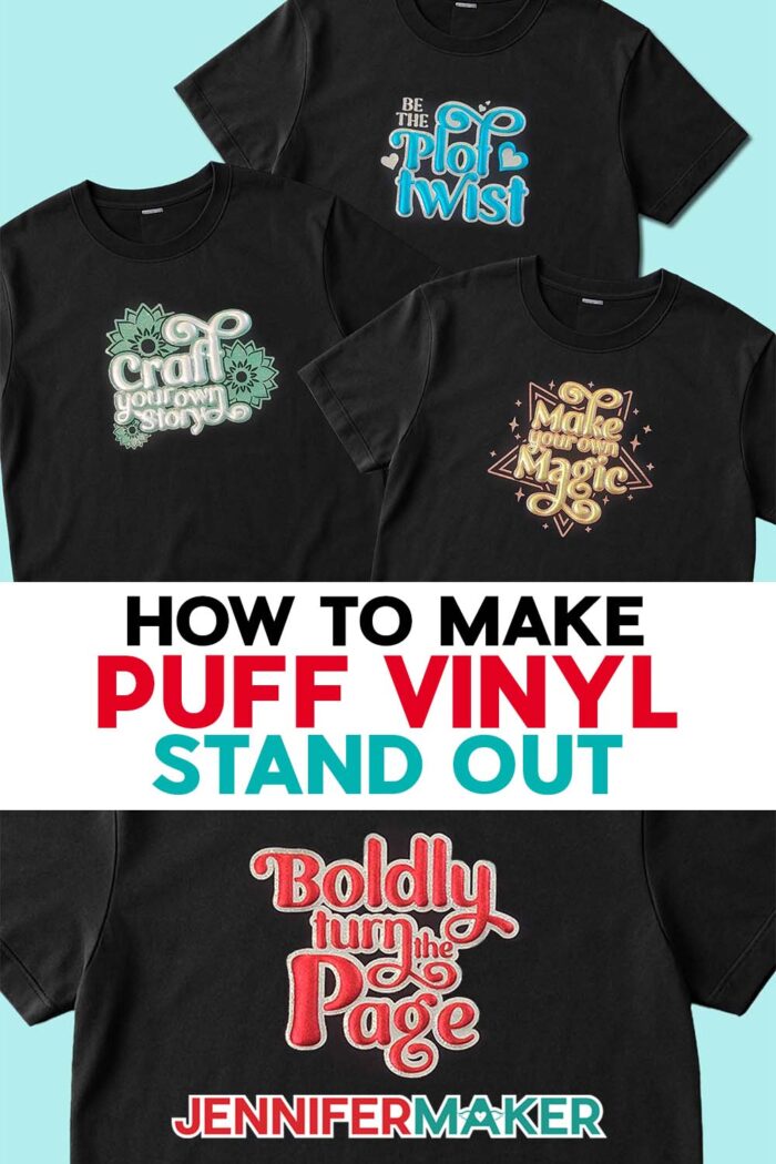 A collection of glitter HTV and puff vinyl T-shirts you can learn to make in the free tutorial with the free SVG files