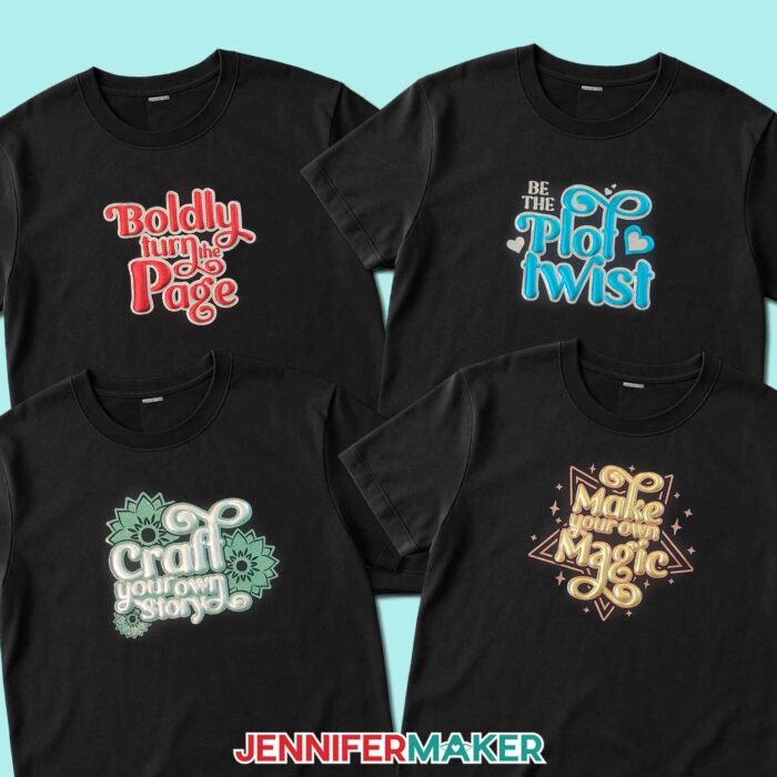 Collection of four glitter vinyl and puff vinyl decorated black T-shirts from the Puff Vinyl Tutorial