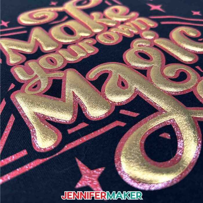 Extreme close-up of a gold puff vinyl and red glitter vinyl decorated T-shirt to show the puff, as part of the Puff Vinyl Tutorial