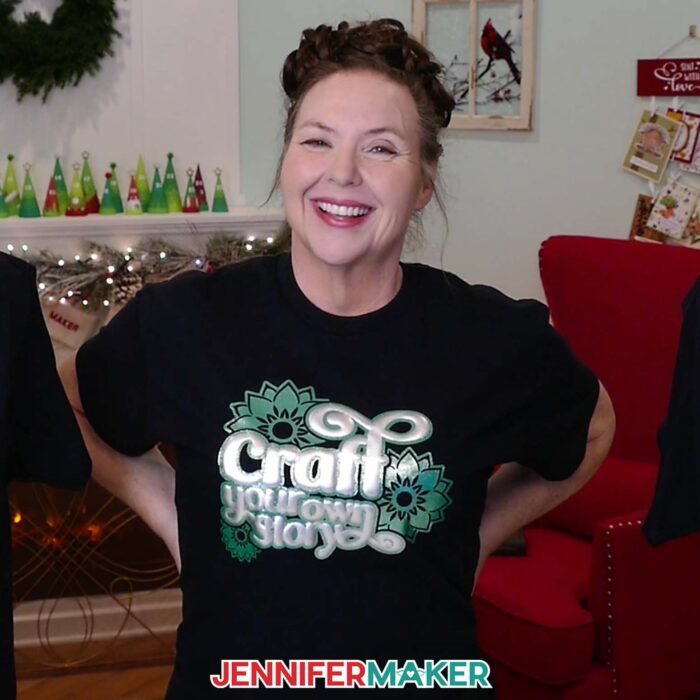 Jennifer Maker wears a puff vinyl T-shirt with the quote "Craft Your Own Story" as part of her Puff Vinyl Tutorial