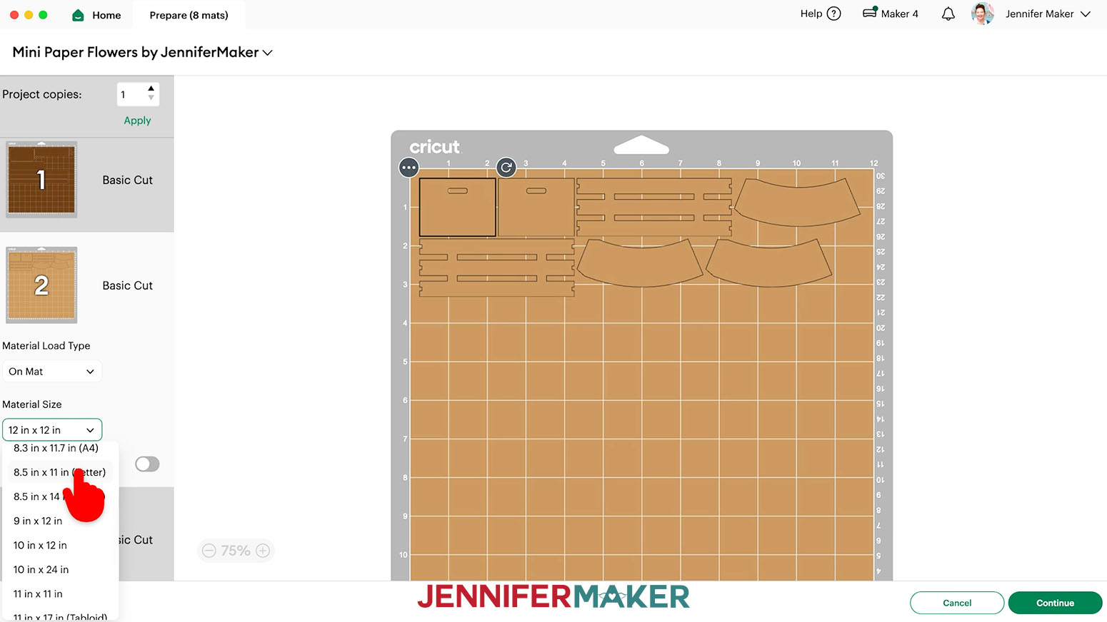 For the planter accents and pots, set the material size to 8.5 in x 11in.