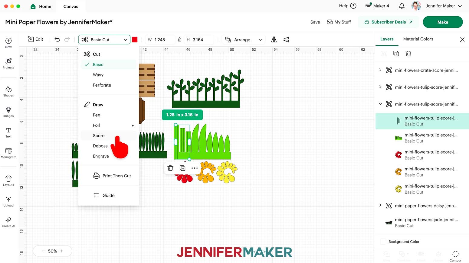 Expand the tulips and select the vertical lines to change the operation from basic cut to score.