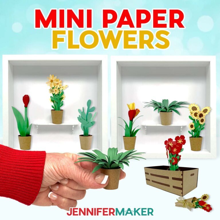 Collection of mini paper flowers and flower arrangements on display in paper pots, a paper crate, and shadow box frames from JenniferMaker's Mini Paper Flower Tutorial