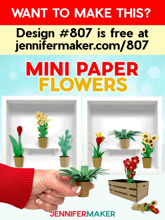 Collection of mini paper flowers and flower arrangements on display in paper pots, a paper crate, and shadow box frames from JenniferMaker's Mini Paper Flower Tutorial. Want to make this? Design #807 is free at jennifermaker.com/807