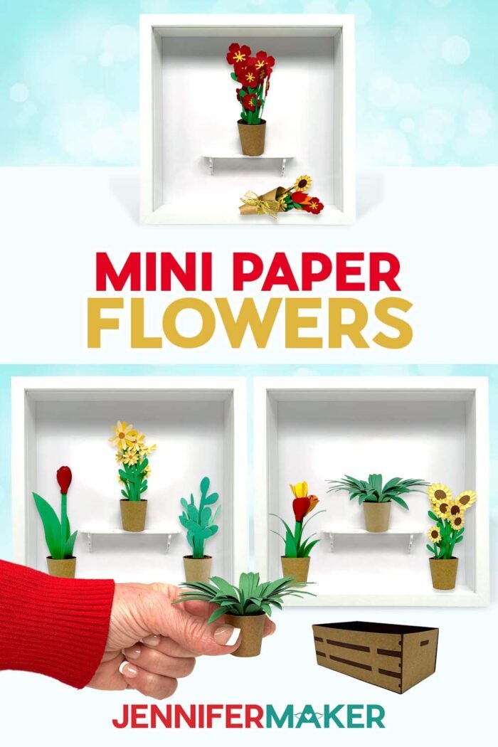 Collection of mini paper flowers and flower arrangements on display in paper pots, a paper crate, and shadow box frames from JenniferMaker's Mini Paper Flower Tutorial. Get the free files at jennifermaker.com