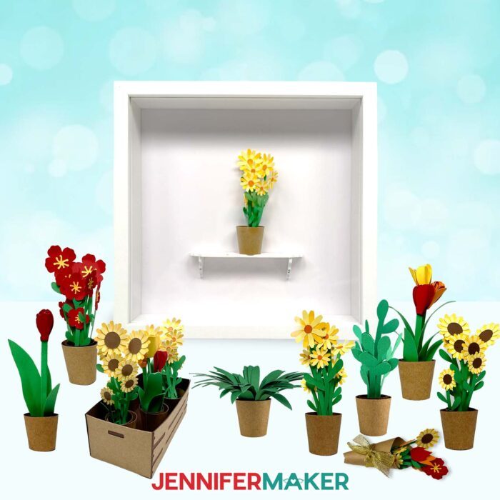 Collection of mini paper flowers and flower arrangements on display in paper pots, a paper crate, bouquet, and shadow box frame from JenniferMaker's Mini Paper Flower Tutorial and Advance tutorial