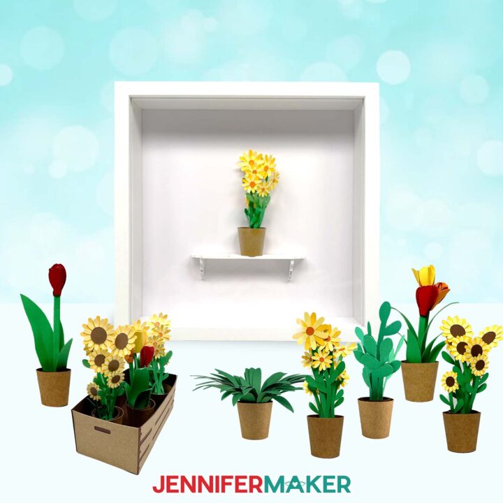 Stylized mini paper flowers and plants.