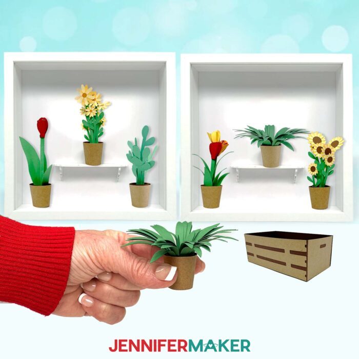 Collection of mini paper flowers and flower arrangements on display in paper pots, a paper crate, and shadow box frames from JenniferMaker's Mini Paper Flower Tutorial