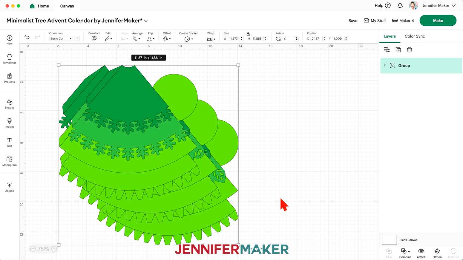 The large minimalist tree advent calendar SVG on the Design Space Canvas, showing the dimensions of 11.87 by 11.86 inches.