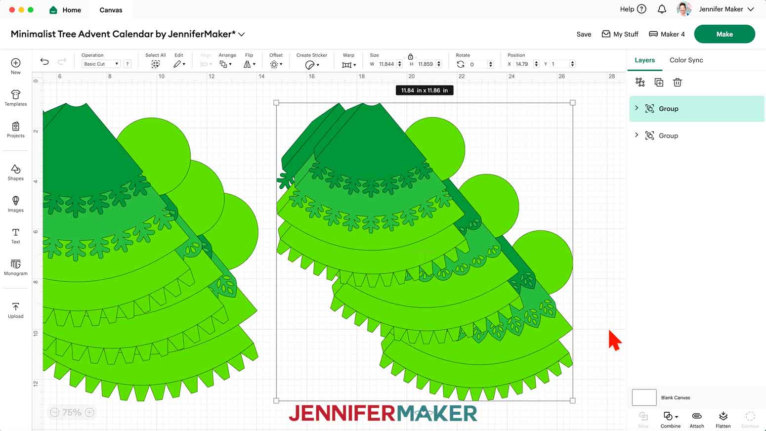 The medium minimalist tree advent calendar SVG on the Design Space Canvas, showing the dimensions of 11.84 by 11.86 inches.