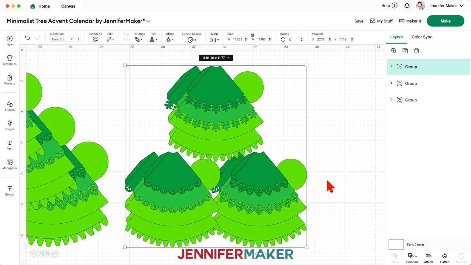 The small minimalist tree advent calendar SVG on the Design Space Canvas, showing the dimensions of 11.81 by 11.77 inches.