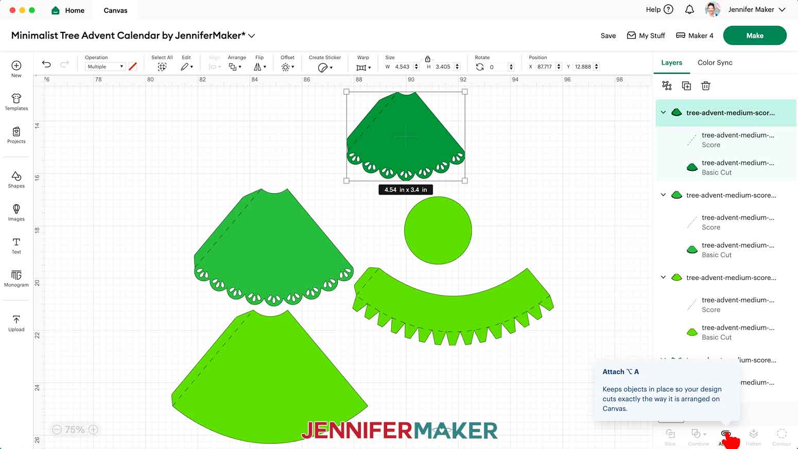 Click a tree group&rsquo;s top layer with the arrow to select both layers in the Layers Panel, then click &ldquo;Attach.&rdquo;