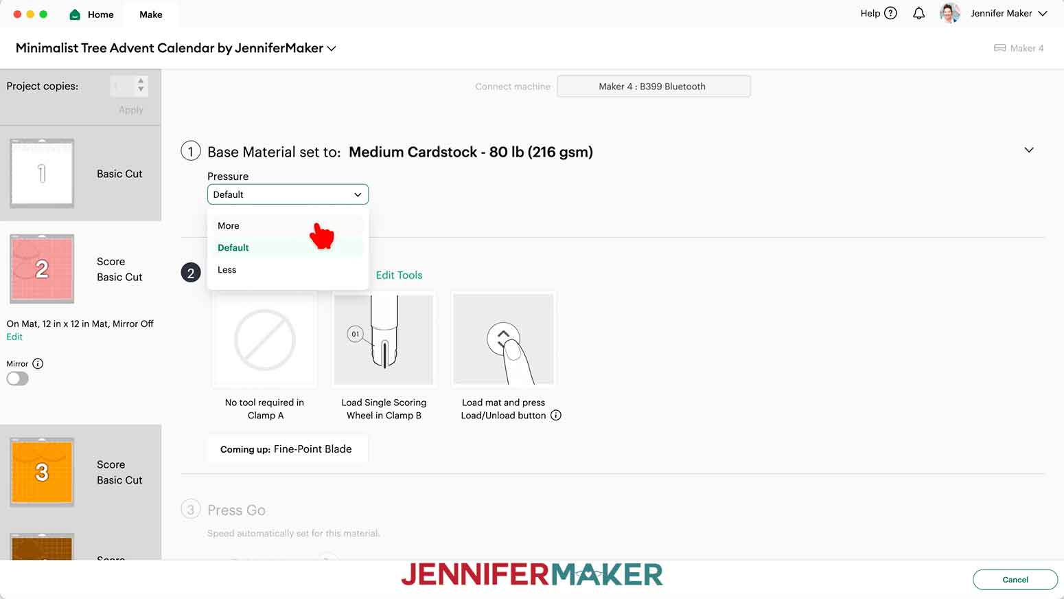 The &ldquo;Medium Cardstock - 80 lb (216 gsm)&rdquo; material setting with &ldquo;More&rdquo; pressure in Cricut Design Space.