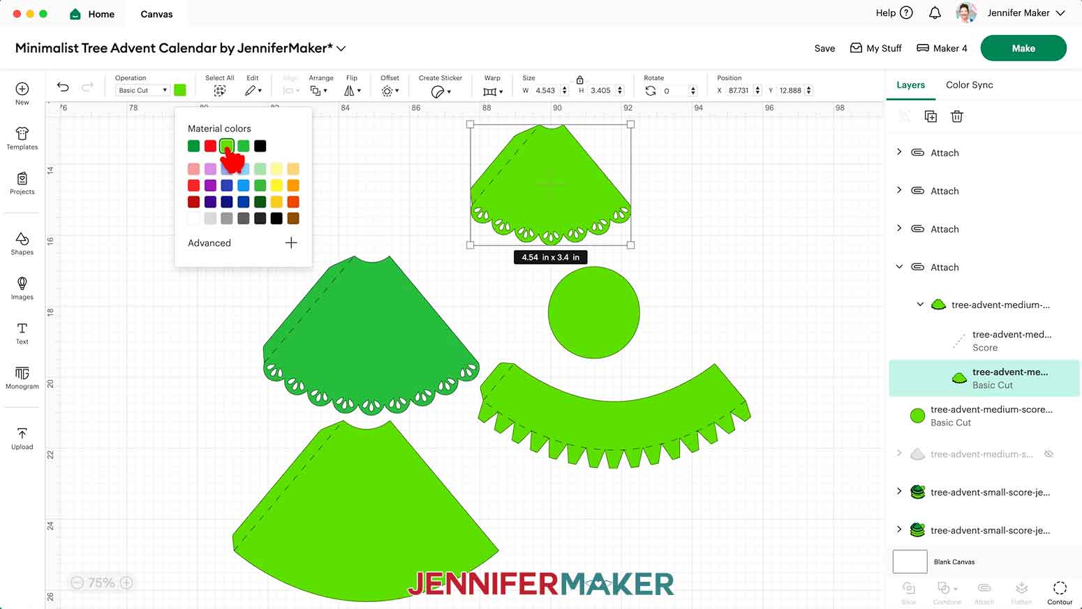 Click the Color Box next to &ldquo;Operation&rdquo; in Design Space and choose a new option for your advent calendar tree.