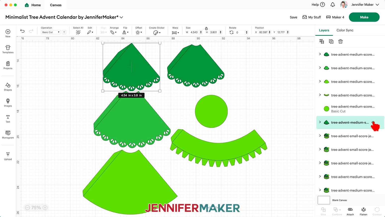 If you want a topper on your advent calendar tree, select the group with the pointed top piece and click the &ldquo;Eye&rdquo; icon in the Layers Panel to hide it.