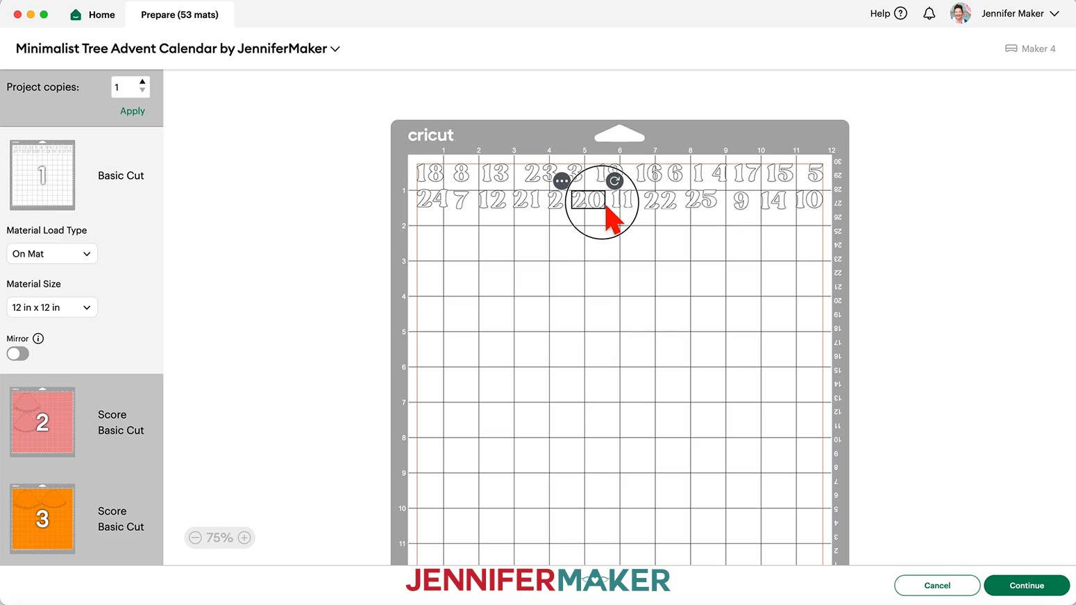 On the Cricut Design Space Prepare Screen, click the tree advent calendar mat that has numbers and drag the objects apart.