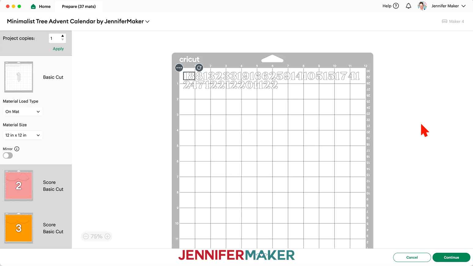 The Prepare Screen in Design Space, showing the white vinyl mat for the minimalist tree advent calendar numbers.