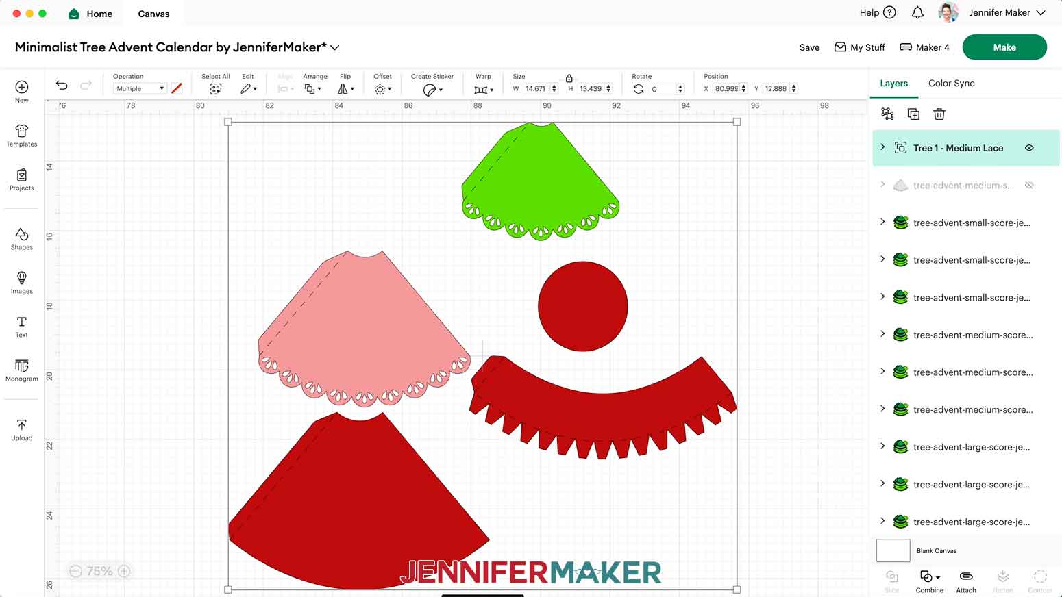 One of the minimalist tree advent calendar designs ready to cut on the Design Space Canvas.