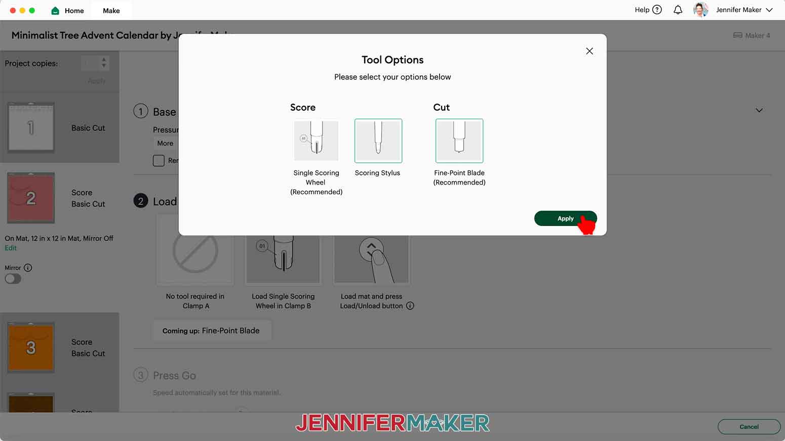 On the Design Space Make Screen, click &ldquo;Edit Tools&rdquo; and select the Scoring Stylus, then click "Apply."