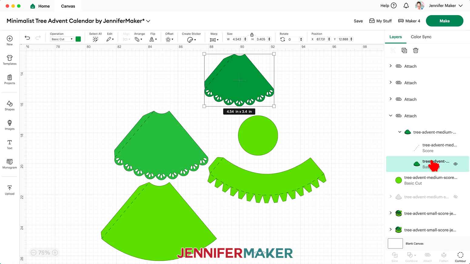 To select an advent tree's cut shape, click the arrow beside it in the Layers Panel to expand the layers, then select just the Basic Cut layer.