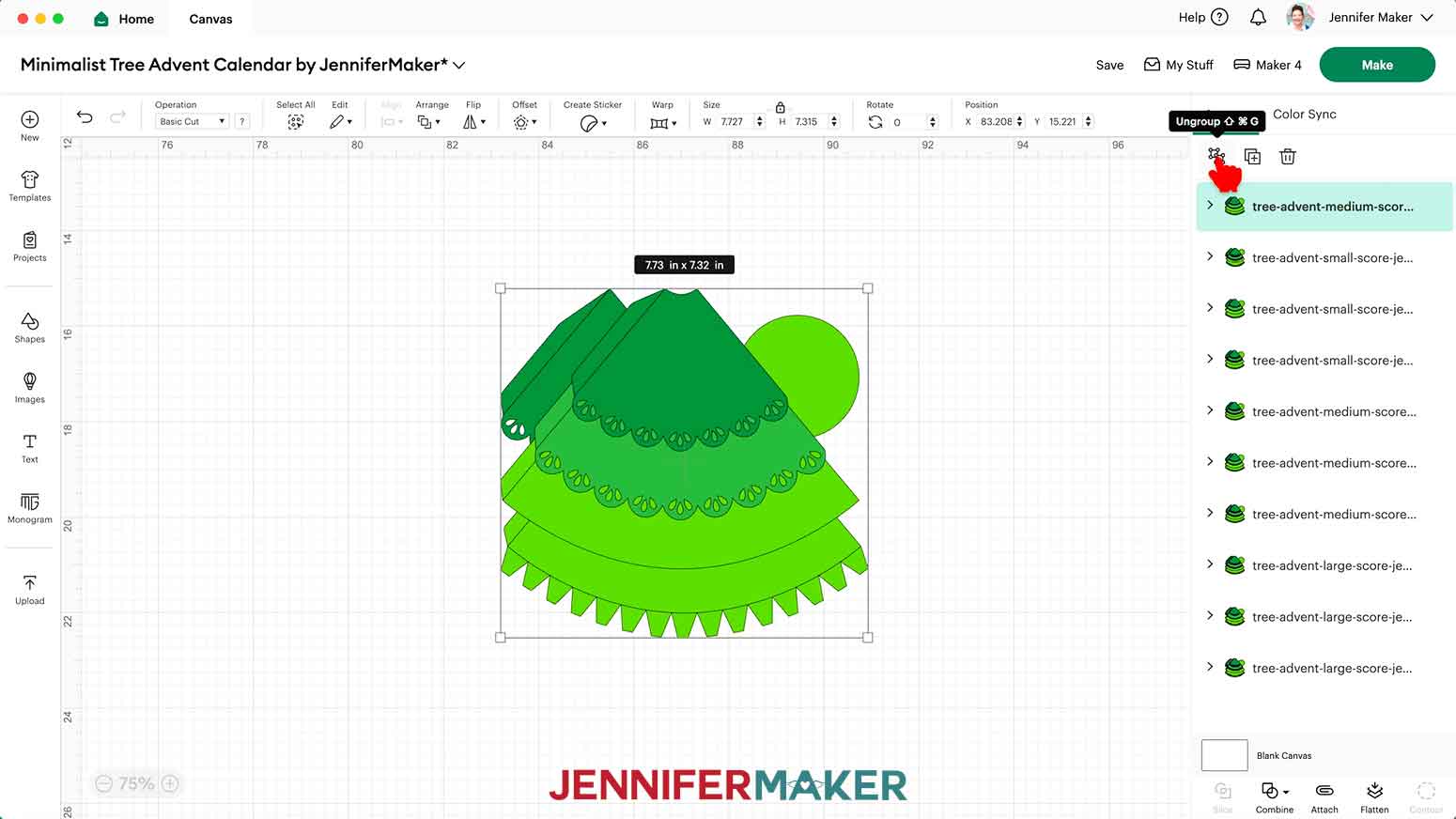 Click the &ldquo;Ungroup&rdquo; button to see the tree&rsquo;s six layers in the Design Space Layers Panel.